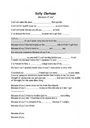 English worksheet: Song activity: Kelly Clarkson - Because of you