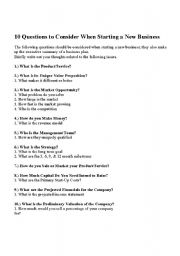 English worksheet: 10 Questions to Consider When Starting a New Business