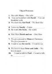 English worksheet: object pronouns