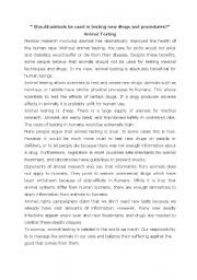 English Worksheet: Should animals be used in testing new drugs and procedures? Reading passage