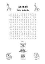 English Worksheet: Wild Animals Word Search