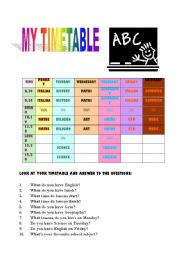 English worksheet: my tinetable