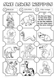 English Worksheet: She likes hippos (likes & wild animals)