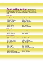 English worksheet: Contraction action guide