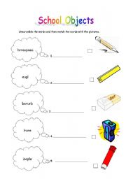 English Worksheet: Unscramble classroom objects