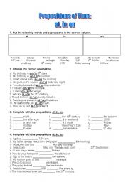 English Worksheet: Prepositions of time - at, in, on