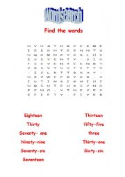 English worksheet: numbers wordsearch 