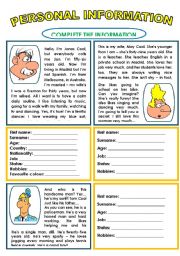 English Worksheet: PERSONAL INFORMATION