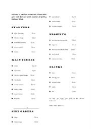 English worksheet: Restaurant menu activity.