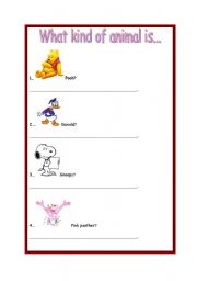 English worksheet: Animals -  What kind of animal is.....?