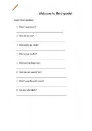 English Worksheet: Welcome to third grade