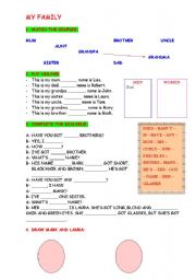 English worksheet: family vocabulary, his/her, questions and answers