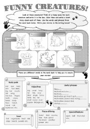 English Worksheet: FUNNY CREATURES! - FUN WRITING ACTIVITY FOR YOUNG LEARNERS (2 pages with writing boxes to cut and give to your students)