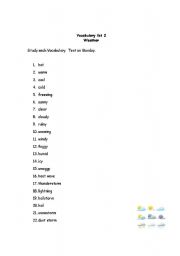English Worksheet: Vocabulary list 2 Weather Worksheet 1 of 2