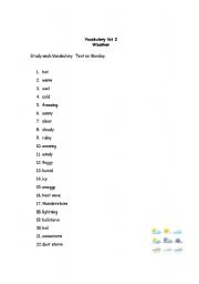 English worksheet: Vocabulary list 2 Weather Worksheet 1 of 2