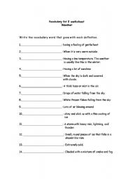 English worksheet: Vocabulary list 2 Weather worksheet 2 of 2