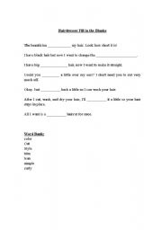 English Worksheet: Hairdresser Fill in the Blanks