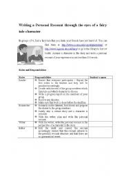 English worksheet: Writing a Personal Recount through the eyes of a fairy tale character