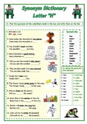 English Worksheet: Synonym Dictionary, Letter 