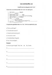 English worksheet: verb to be