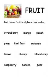 English worksheet: Alphabetical order - Fruit
