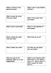 English worksheet: Question Cards - Your Neighborhood - Prepositions of Place