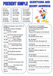 English Worksheet: PRESENT SIMPLE (2) QUESTIONS AND SHORT ANSWERS