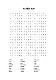 English Worksheet: At the zoo- word search