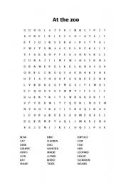 English worksheet: At the zoo- word search