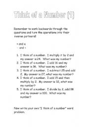 English worksheet: Think of a number