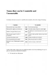 English worksheet: Countable and uncountable nouns