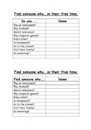 English Worksheet: Find someone who....free time activities