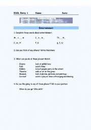 English worksheet: Entertainment