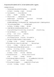English worksheet: The question of the infinitive with ‘to’, the bare infinitive and the –ing form.