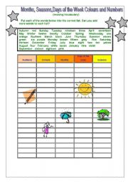 English Worksheet: Months, Seasons, days of the Week, Colours and Numbers