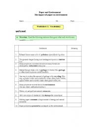 English worksheet: Vocabulary : Paper and Environment