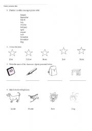 English worksheet: Test checking months, classroom object and colours.