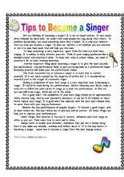 English Worksheet: Tips to become a singer (Reading Comprehention)
