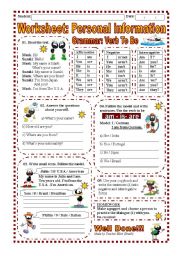 English Worksheet: Worksheet: Personal Information / Verb to be