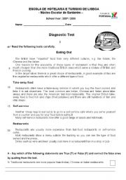 English Worksheet: Diagnostic Test-11 ano-curso profissional cozinha/Pastelaria