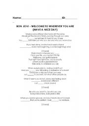 English Worksheet: Song: Welcome to Wherever you are - Bon Jovi