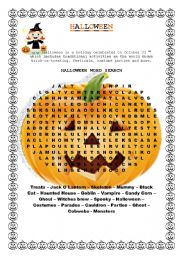 English Worksheet: Halloween Word Search