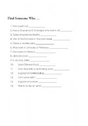 English worksheet: Find Someone Who....... cooperative group activity