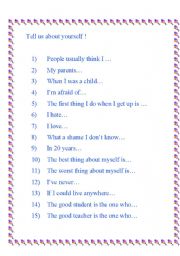 English Worksheet: Tell us about yourself !