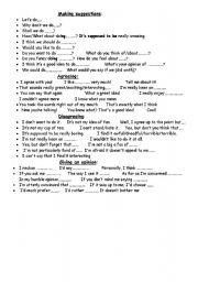 English Worksheet: MAKING SUGGESTIONS/AGREEING/DISAGREEING USEFUL PHRASES