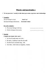 English Worksheet: Plural s and apostrophe s