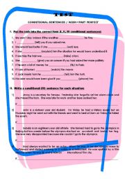 English Worksheet: TEST on Conditional sentences & Wish+Past perfect