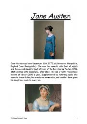 English Worksheet: Jane AUSTENs biography