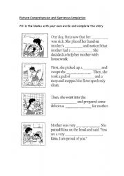 English Worksheet: Picture Comprehension and Sentence Completion