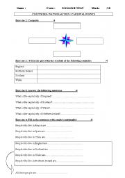English Worksheet: geography test (nationalities /capital cities/ country symbol/ cardinal points)